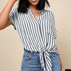 Lulus Newport Beach Grey and White Striped Top